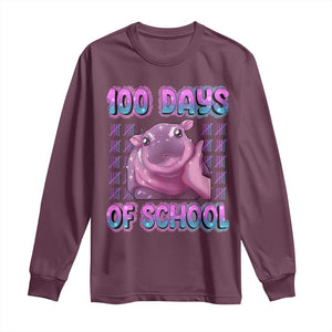 100th Day Of School Long Sleeve Shirt Cute Moo Deng Baby Hippo 100 Days TS09 Maroon Print Your Wear