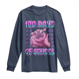 100th Day Of School Long Sleeve Shirt Cute Moo Deng Baby Hippo 100 Days TS09 Navy Print Your Wear