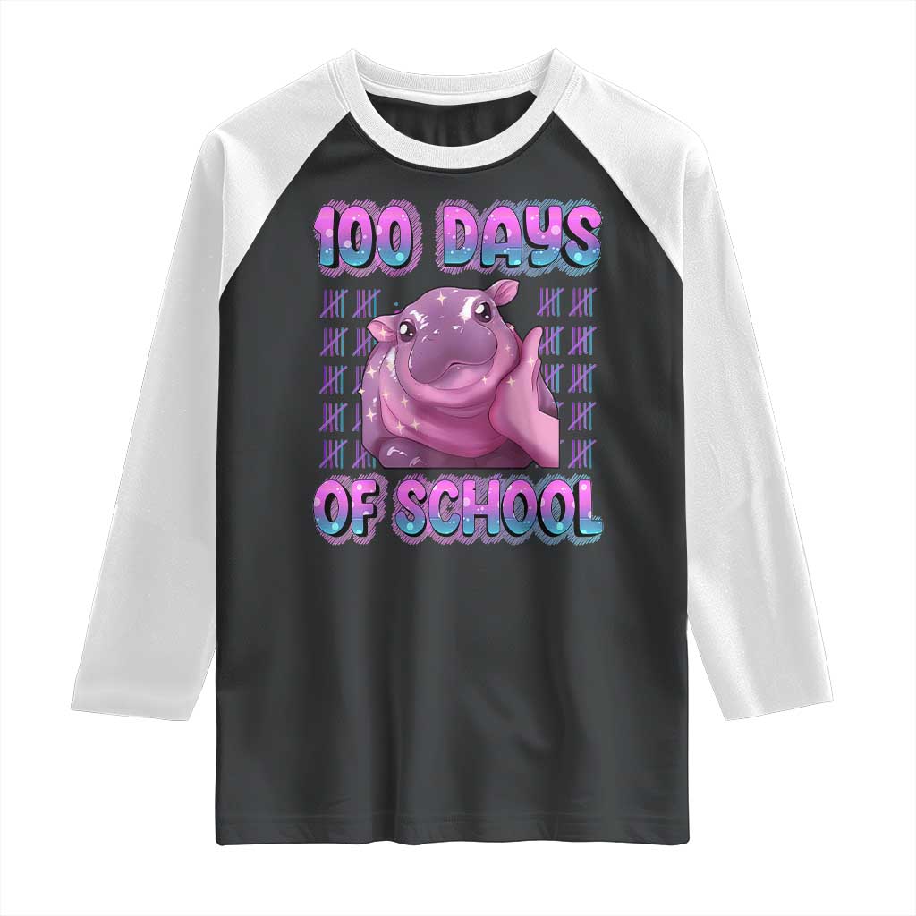 100th Day Of School Raglan Shirt Cute Moo Deng Baby Hippo 100 Days TS09 Black White Print Your Wear