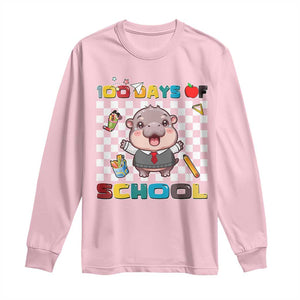 Moo Deng 100th Day Of School Long Sleeve Shirt Cute Baby Hippo 100 Days TS09 Light Pink Print Your Wear