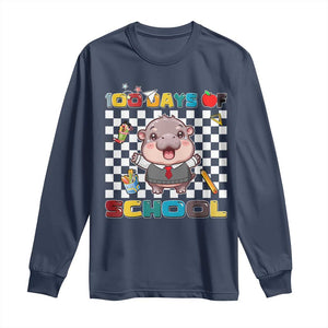 Moo Deng 100th Day Of School Long Sleeve Shirt Cute Baby Hippo 100 Days TS09 Navy Print Your Wear