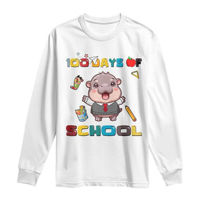 Moo Deng 100th Day Of School Long Sleeve Shirt Cute Baby Hippo 100 Days TS09 White Print Your Wear