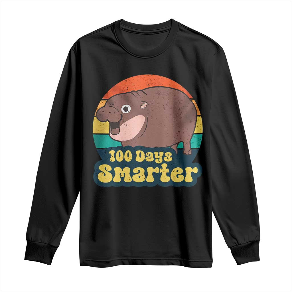 100th Day Of School Long Sleeve Shirt Moo Deng 100 Days Smarter Retro Baby Hippo TS09 Black Print Your Wear