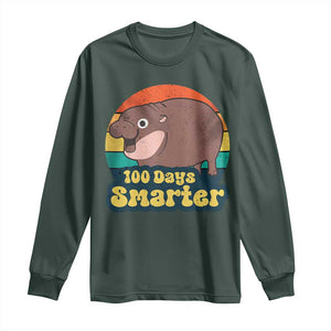 100th Day Of School Long Sleeve Shirt Moo Deng 100 Days Smarter Retro Baby Hippo TS09 Dark Forest Green Print Your Wear