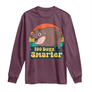 100th Day Of School Long Sleeve Shirt Moo Deng 100 Days Smarter Retro Baby Hippo TS09 Maroon Print Your Wear