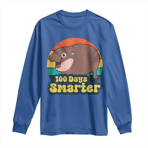 100th Day Of School Long Sleeve Shirt Moo Deng 100 Days Smarter Retro Baby Hippo TS09 Royal Blue Print Your Wear