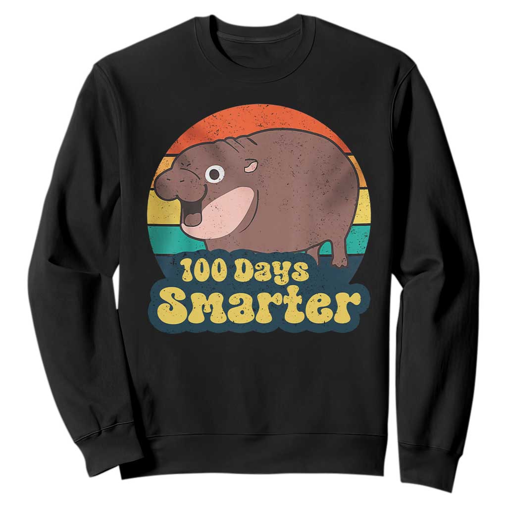 100th Day Of School Sweatshirt Moo Deng 100 Days Smarter Retro Baby Hippo TS09 Black Print Your Wear