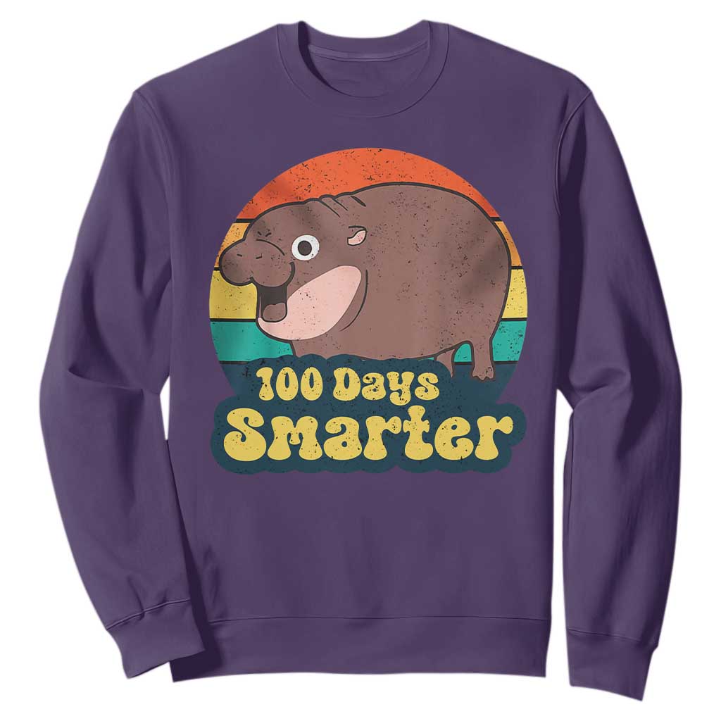 100th Day Of School Sweatshirt Moo Deng 100 Days Smarter Retro Baby Hippo TS09 Purple Print Your Wear