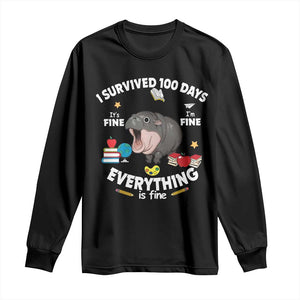 Funny Moo Deng 100th Day Of School Long Sleeve Shirt I Survived 100 Days Everything Is Fine TS09 Black Print Your Wear