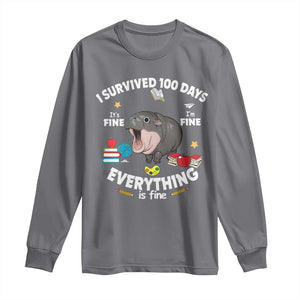 Funny Moo Deng 100th Day Of School Long Sleeve Shirt I Survived 100 Days Everything Is Fine TS09 Charcoal Print Your Wear