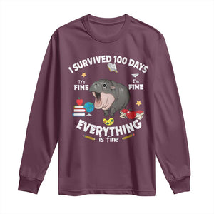 Funny Moo Deng 100th Day Of School Long Sleeve Shirt I Survived 100 Days Everything Is Fine TS09 Maroon Print Your Wear