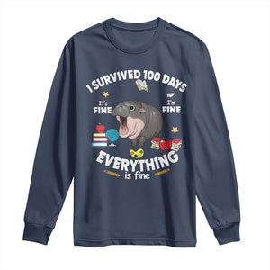 Funny Moo Deng 100th Day Of School Long Sleeve Shirt I Survived 100 Days Everything Is Fine TS09 Navy Print Your Wear