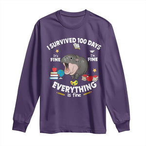 Funny Moo Deng 100th Day Of School Long Sleeve Shirt I Survived 100 Days Everything Is Fine TS09 Purple Print Your Wear