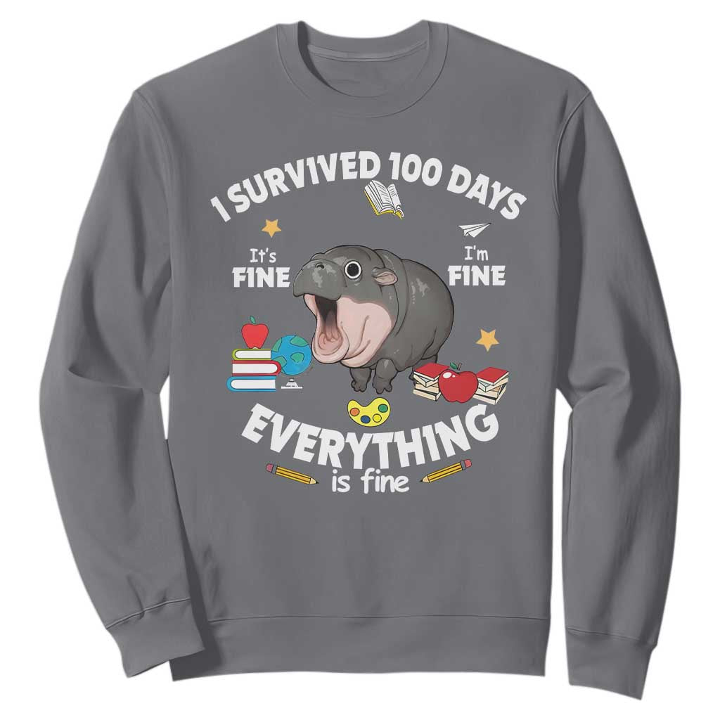 Funny Moo Deng 100th Day Of School Sweatshirt I Survived 100 Days Everything Is Fine TS09 Charcoal Print Your Wear