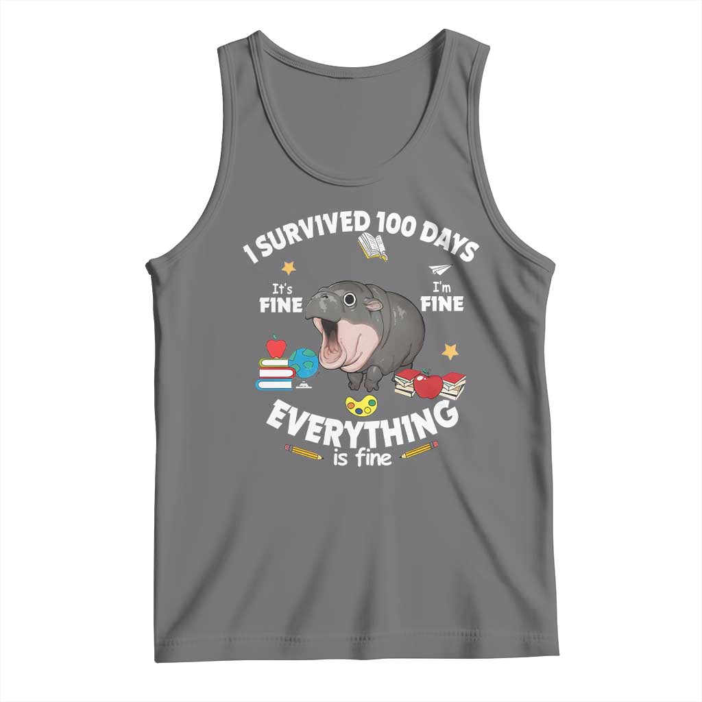 Funny Moo Deng 100th Day Of School Tank Top I Survived 100 Days Everything Is Fine TS09 Black Heather Print Your Wear