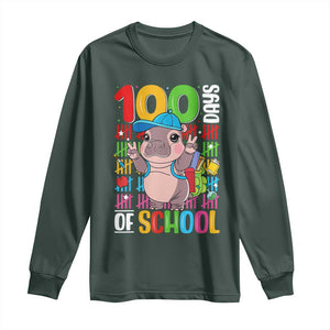 Funny 100th Day Of School Moo Deng Long Sleeve Shirt Cute Baby Hippo Colorful 100 Days TS09 Dark Forest Green Print Your Wear