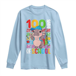 Funny 100th Day Of School Moo Deng Long Sleeve Shirt Cute Baby Hippo Colorful 100 Days TS09 Light Blue Print Your Wear