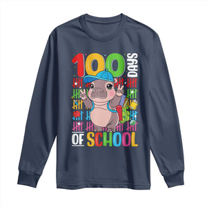 Funny 100th Day Of School Moo Deng Long Sleeve Shirt Cute Baby Hippo Colorful 100 Days TS09 Navy Print Your Wear