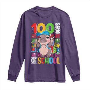 Funny 100th Day Of School Moo Deng Long Sleeve Shirt Cute Baby Hippo Colorful 100 Days TS09 Purple Print Your Wear