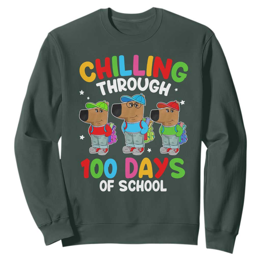Funny Chilling Through 100 Days Of school Sweatshirt TS09 Dark Forest Green Print Your Wear