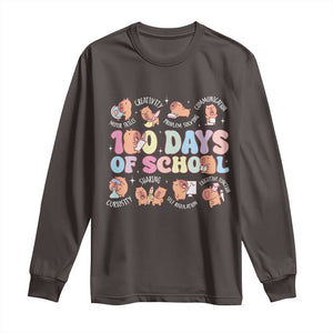 100th Day Of School Cute Capybara Long Sleeve Shirt Motor Skills Creativity Problem Solving Communication TS09 Dark Chocolate Print Your Wear