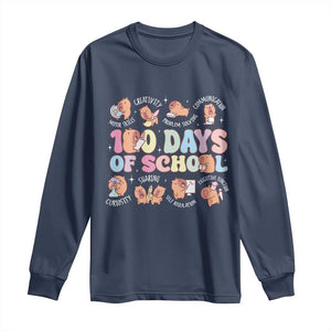 100th Day Of School Cute Capybara Long Sleeve Shirt Motor Skills Creativity Problem Solving Communication TS09 Navy Print Your Wear