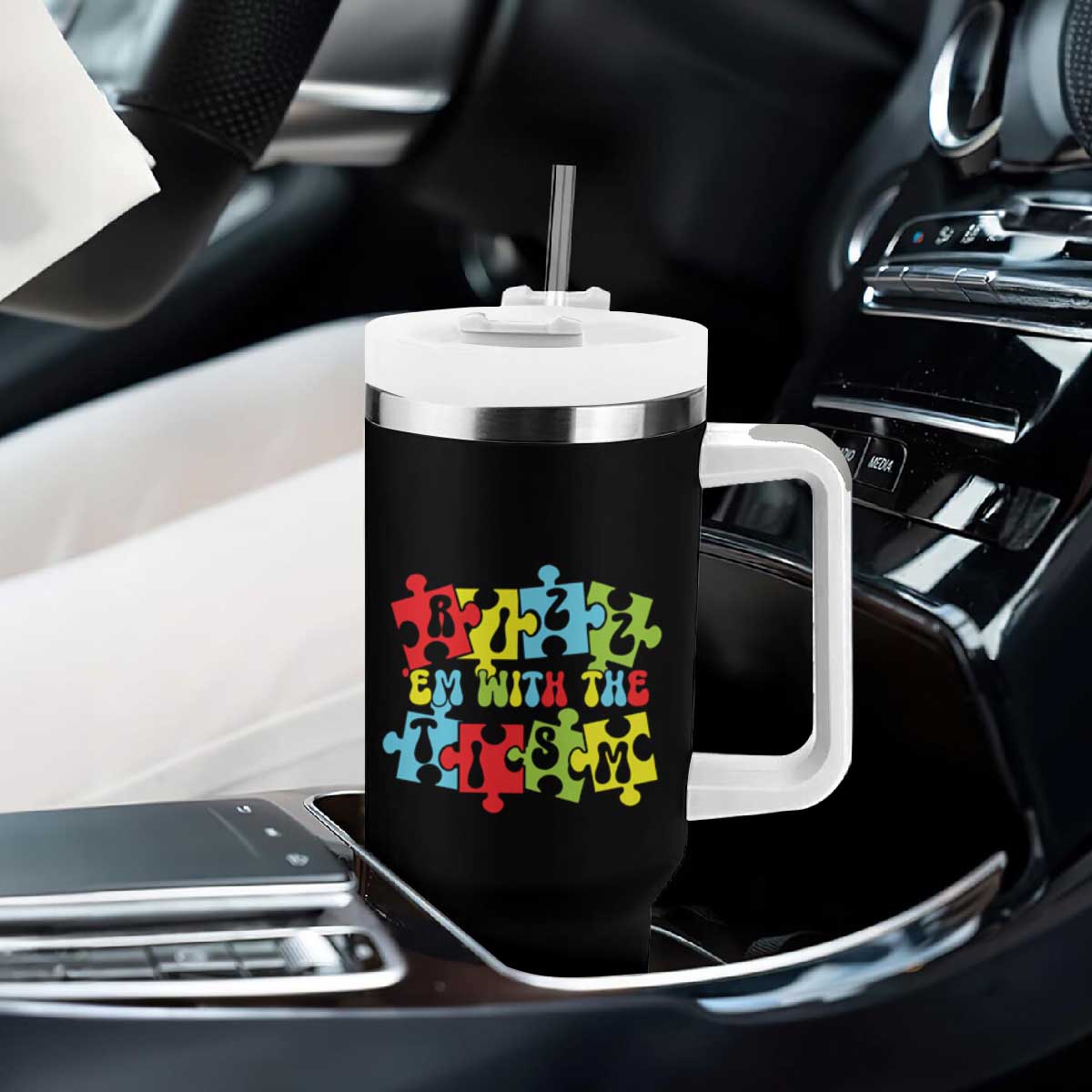 Autism Awareness Tumbler With Handle Rizz'em With The Tism Autistic TS09 Print Your Wear