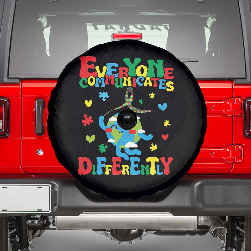 Autism Awareness Spare Tire Cover Everyone Communicates Different Puzzle Cute Earth TS09 Black Print Your Wear