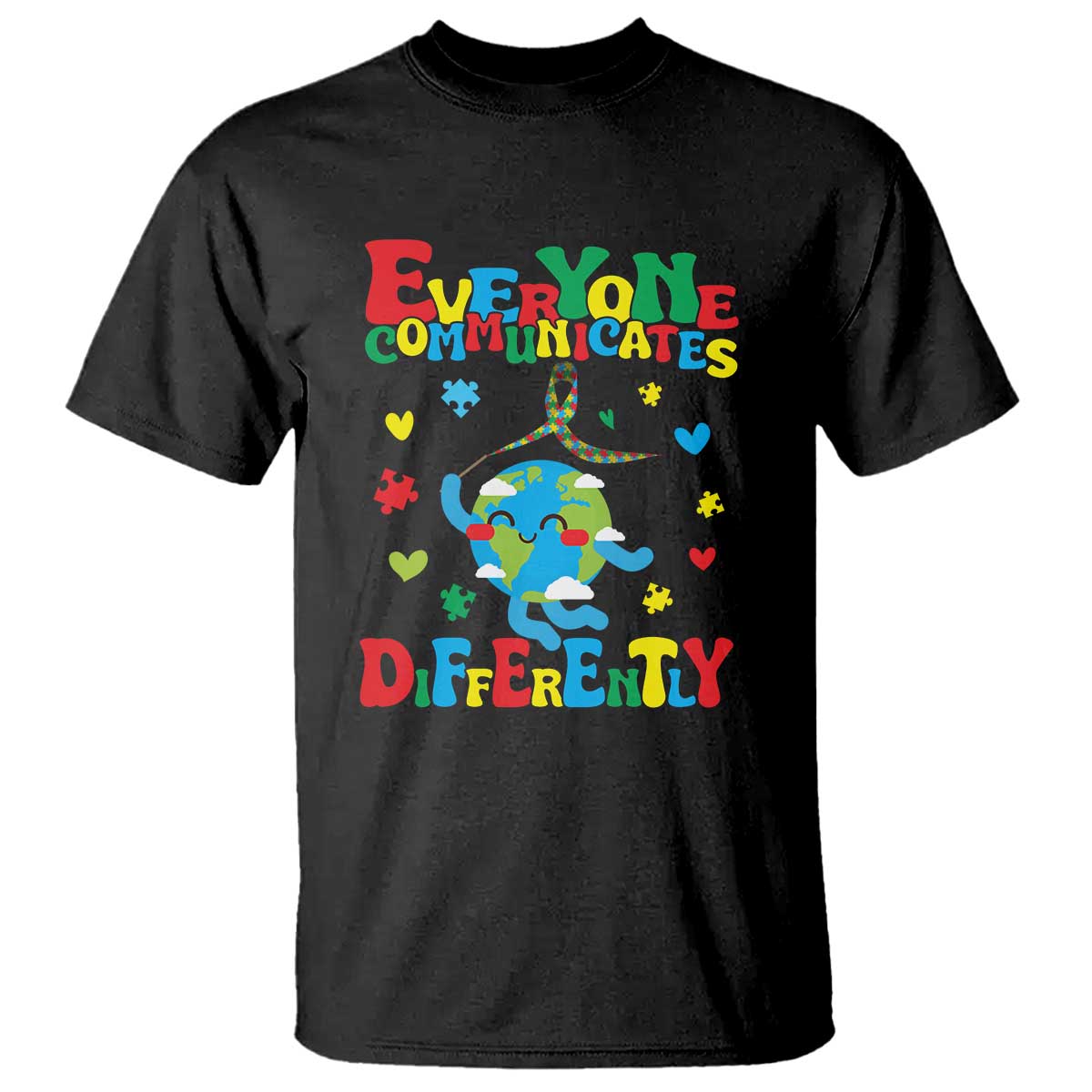 Autism Awareness T Shirt Everyone Communicates Different Puzzle Cute Earth TS09 Black Printyourwear