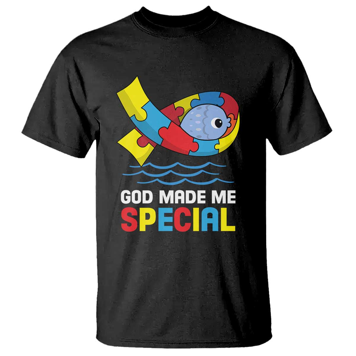 Autism Awareness T Shirt God Made Me Special Cute Fish Puzzle Ribbon TS09 Black Printyourwear