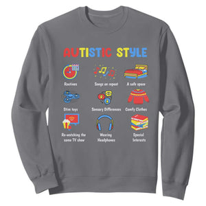 Autism Awareness Sweatshirt Autistic Style Routines Song On Repeat Stim Toys Sensory Differences TS09 Charcoal Printyourwear