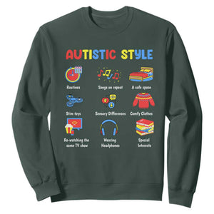 Autism Awareness Sweatshirt Autistic Style Routines Song On Repeat Stim Toys Sensory Differences TS09 Dark Forest Green Printyourwear