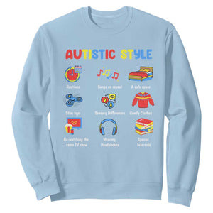 Autism Awareness Sweatshirt Autistic Style Routines Song On Repeat Stim Toys Sensory Differences TS09 Light Blue Printyourwear