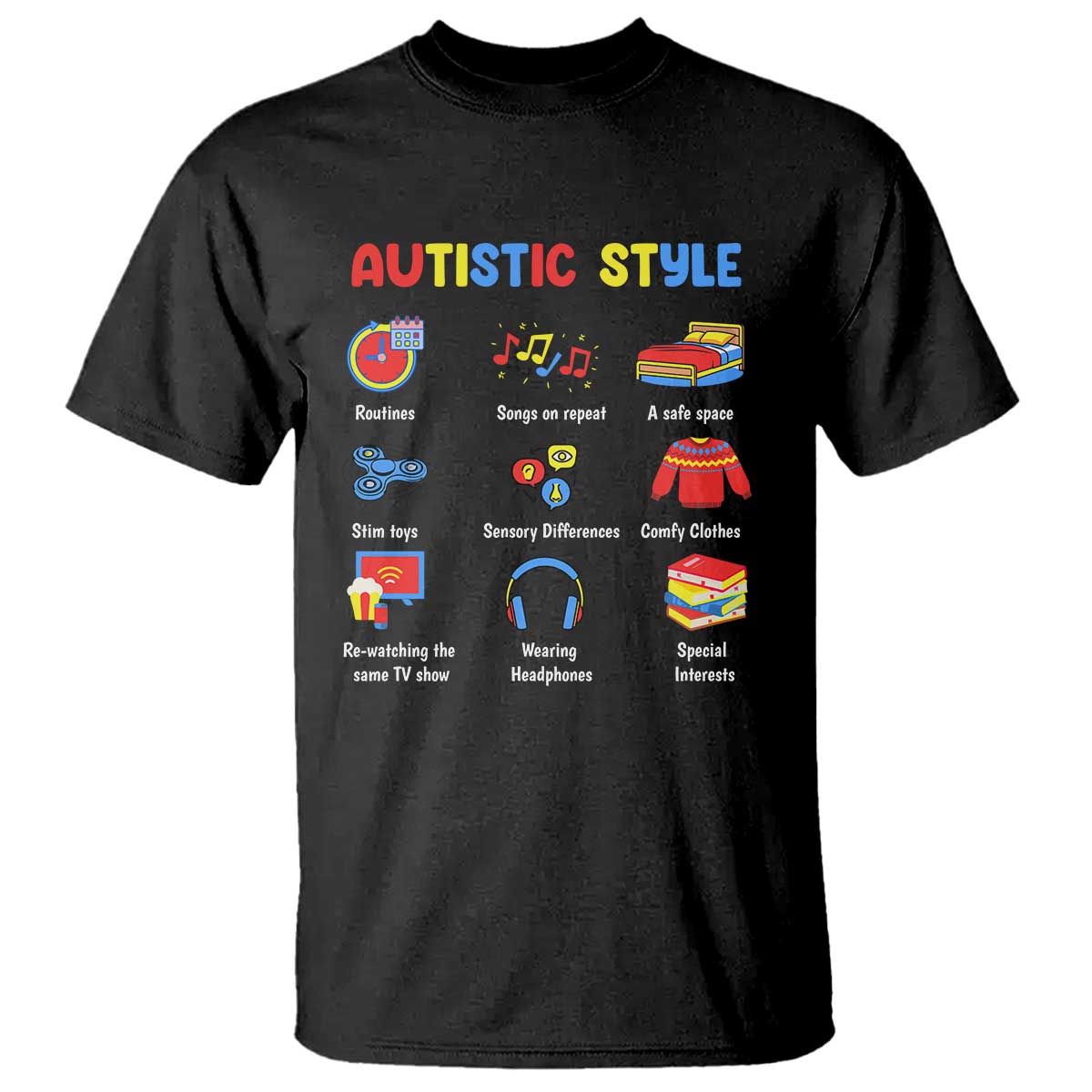 Autism Awareness T Shirt Autistic Style Routines Song On Repeat Stim Toys Sensory Differences TS09 Black Printyourwear