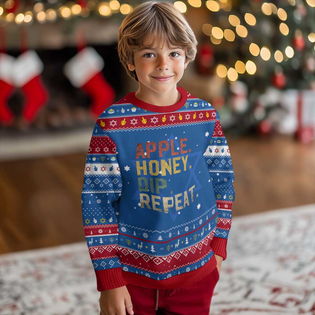 Rosh Hashanah Jewish Hanukkah Ugly Sweater Apple Honey Dip Repeat TS09 Blue Red Print Your Wear
