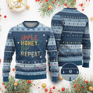 Rosh Hashanah Jewish Hanukkah Ugly Sweater Apple Honey Dip Repeat TS09 Navy Light Blue Print Your Wear