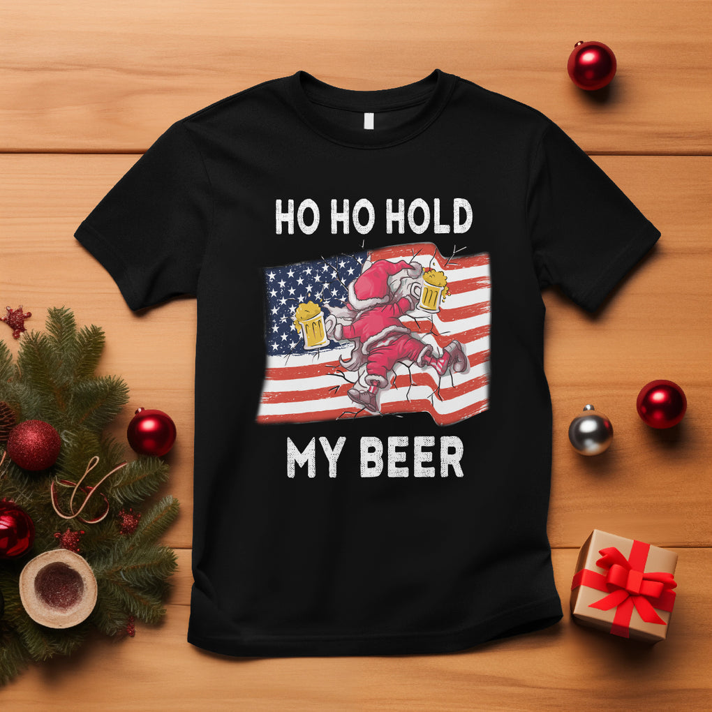 Funny Drunk Santa Christmas T Shirt Ho Ho Hold My Beer USA Flag TS09 Black Printyourwear