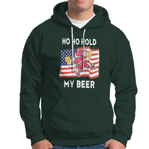 Funny Drunk Santa Christmas Hoodie Ho Ho Hold My Beer USA Flag TS09 Dark Forest Green Printyourwear