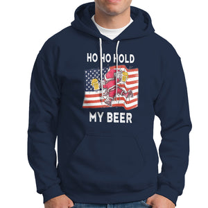 Funny Drunk Santa Christmas Hoodie Ho Ho Hold My Beer USA Flag TS09 Navy Printyourwear