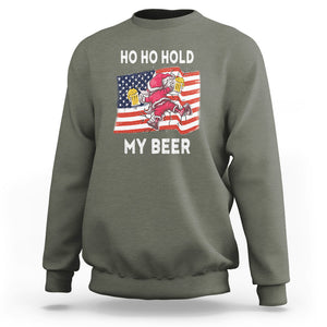 Funny Drunk Santa Christmas Sweatshirt Ho Ho Hold My Beer USA Flag TS09 Military Green Printyourwear