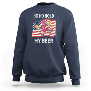 Funny Drunk Santa Christmas Sweatshirt Ho Ho Hold My Beer USA Flag TS09 Navy Printyourwear