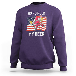 Funny Drunk Santa Christmas Sweatshirt Ho Ho Hold My Beer USA Flag TS09 Purple Printyourwear