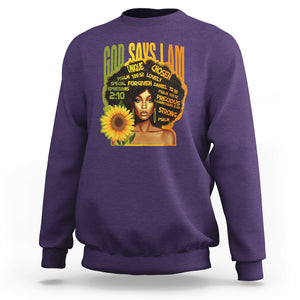 God Says I Am Melanin Strong Unique Black Women Sunflower Sweatshirt TS09 Purple Printyourwear