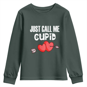 Valentine's Day Youth Sweatshirt Just Call Me Cupid Retro Arrow Heart TS09 Dark Forest Green Print Your Wear