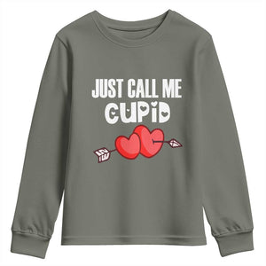 Valentine's Day Youth Sweatshirt Just Call Me Cupid Retro Arrow Heart TS09 Military Green Print Your Wear