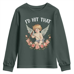 Valentine's Day Youth Sweatshirt I'd Hit That Cupid Vintage Art Rose TS09 Dark Forest Green Print Your Wear