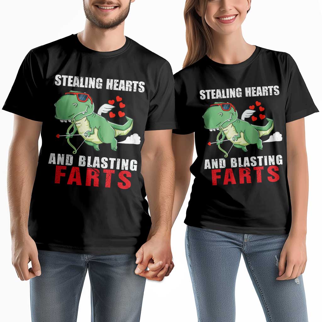 Valentine's Day Couple Matching T Shirt Cute Dinosaur Cupid Stealing Hearts And Blasting Farts TS09 Black Print Your Wear