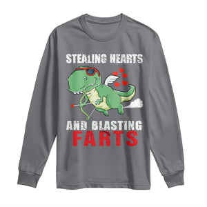 Valentine's Day Long Sleeve Shirt Cute Dinosaur Cupid Stealing Hearts And Blasting Farts TS09 Charcoal Print Your Wear