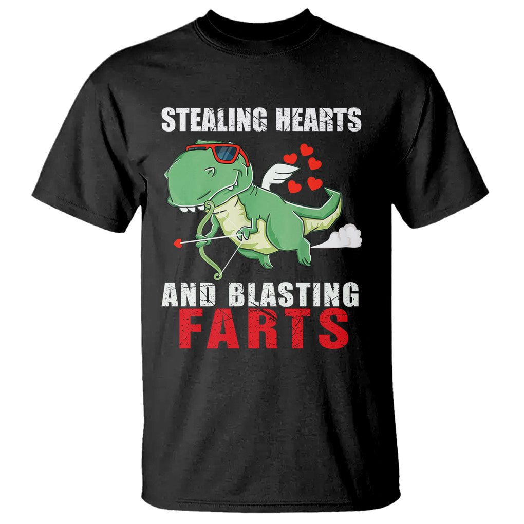 Valentine's Day T Shirt Cute Dinosaur Cupid Stealing Hearts And Blasting Farts TS09 Black Printyourwear