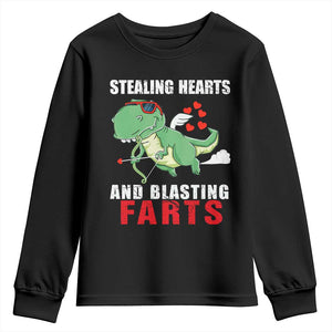 Valentine's Day Youth Sweatshirt Cute Dinosaur Cupid Stealing Hearts And Blasting Farts TS09 Black Print Your Wear